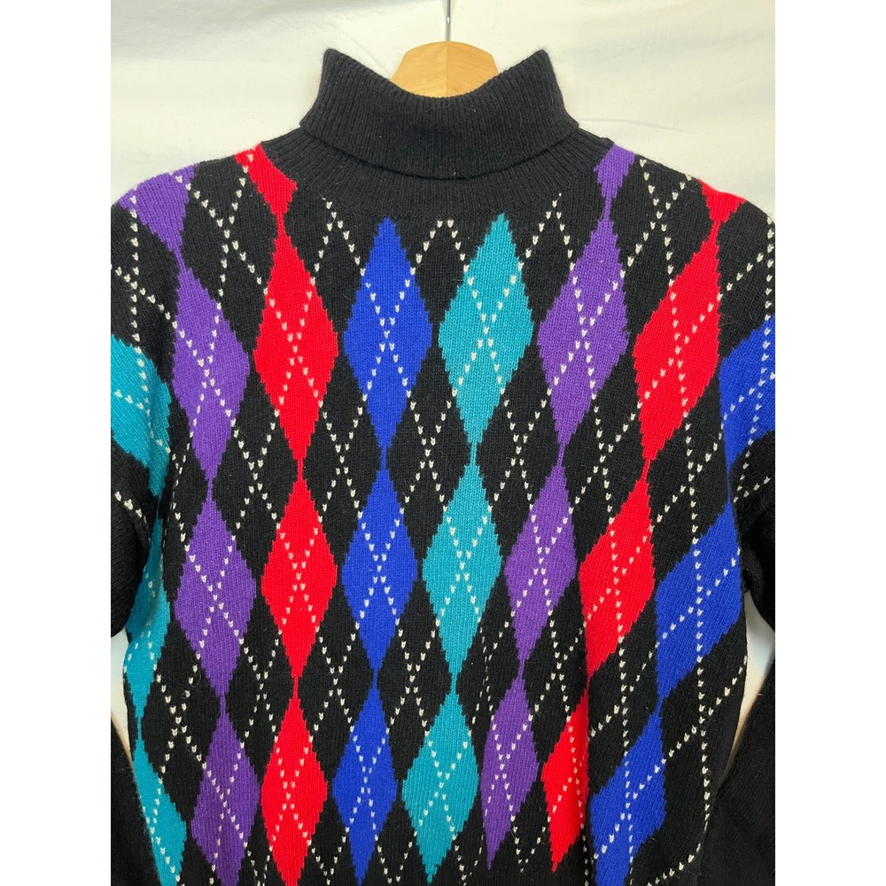 VTG Rafaella Argyle‎ Turtleneck Fuzzy Artsy Angora Lambswool Dark Academia 80s L - Picture 2 of 9
